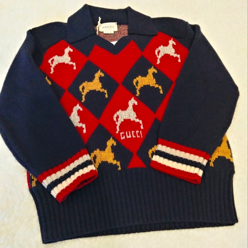 Gucci wool sweater for kids red blue argyle horse long sleeve polo